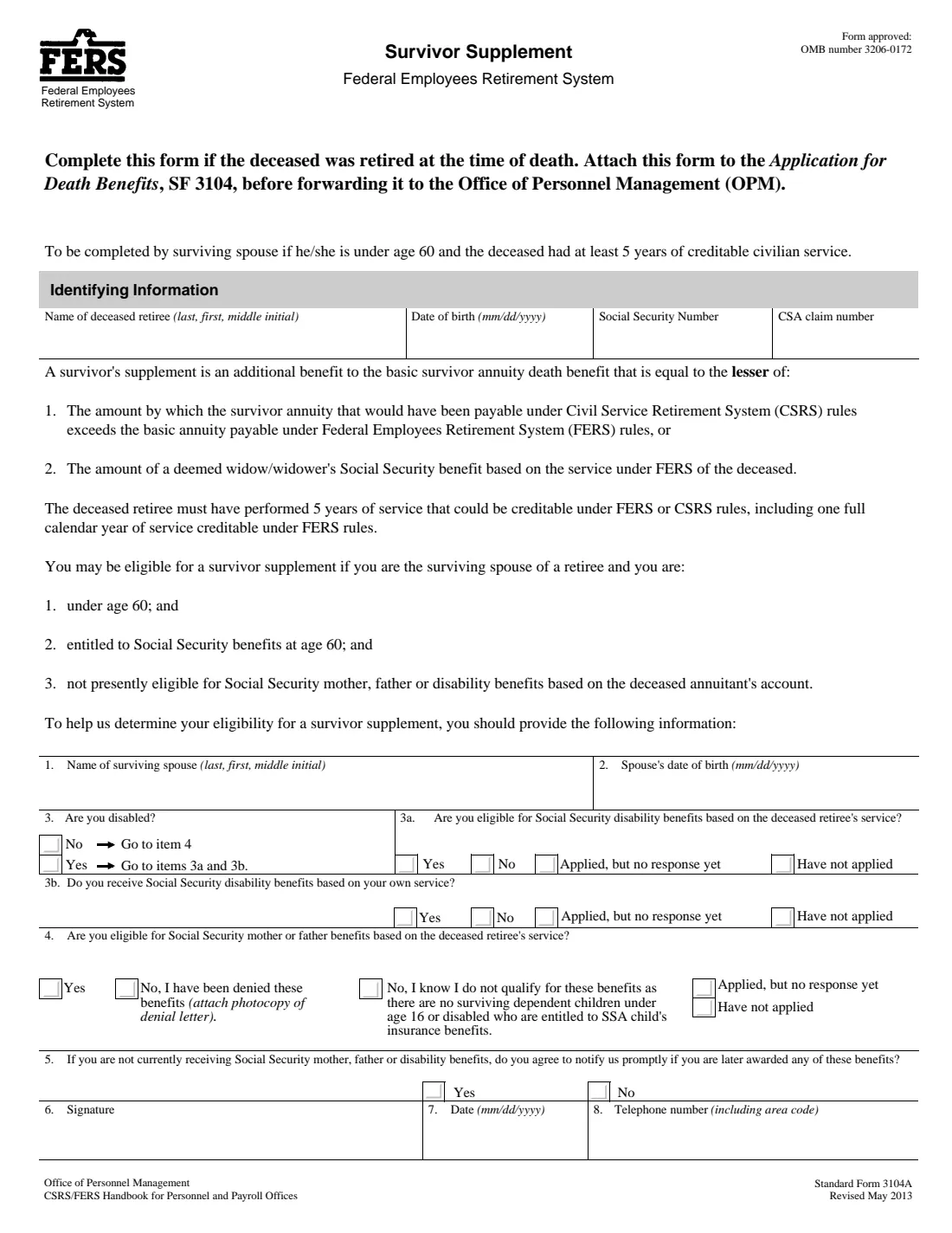 SF 3104 (2013) Application for Death Benefits - Federal Employees Retirement System — page 8 of 8