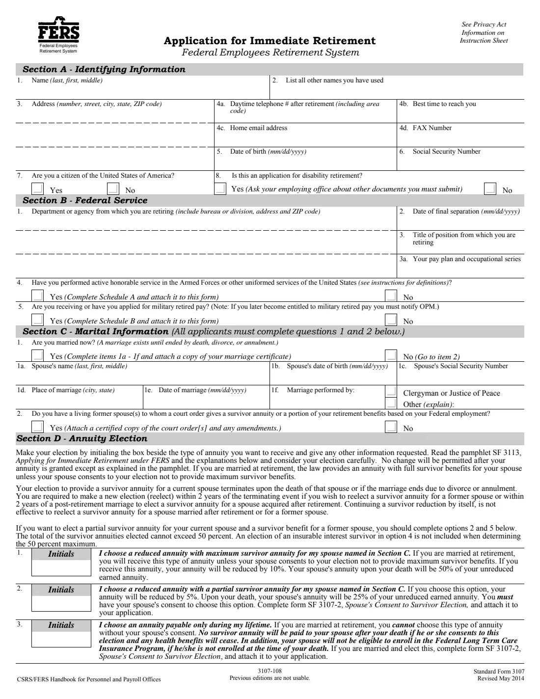 SF 3107 (2014) Application for Immediate Retirement (Federal Employees Retirement System) — page 5 of 14
