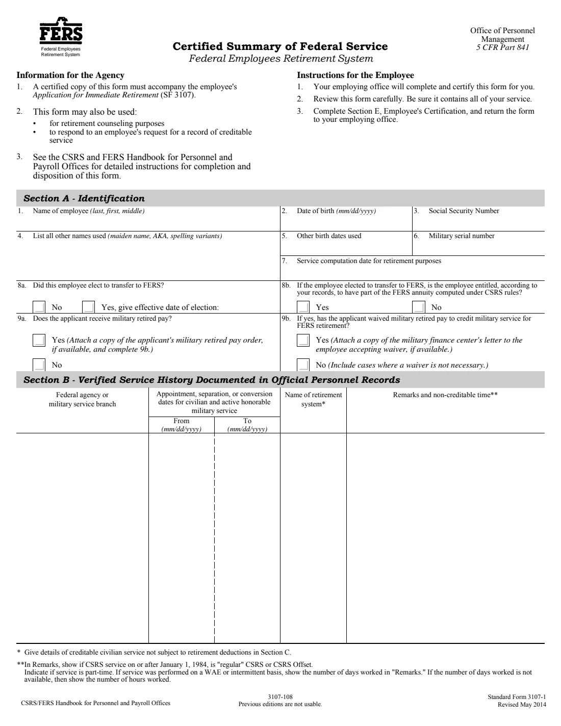 SF 3107 (2014) Application for Immediate Retirement (Federal Employees Retirement System) — page 9 of 14