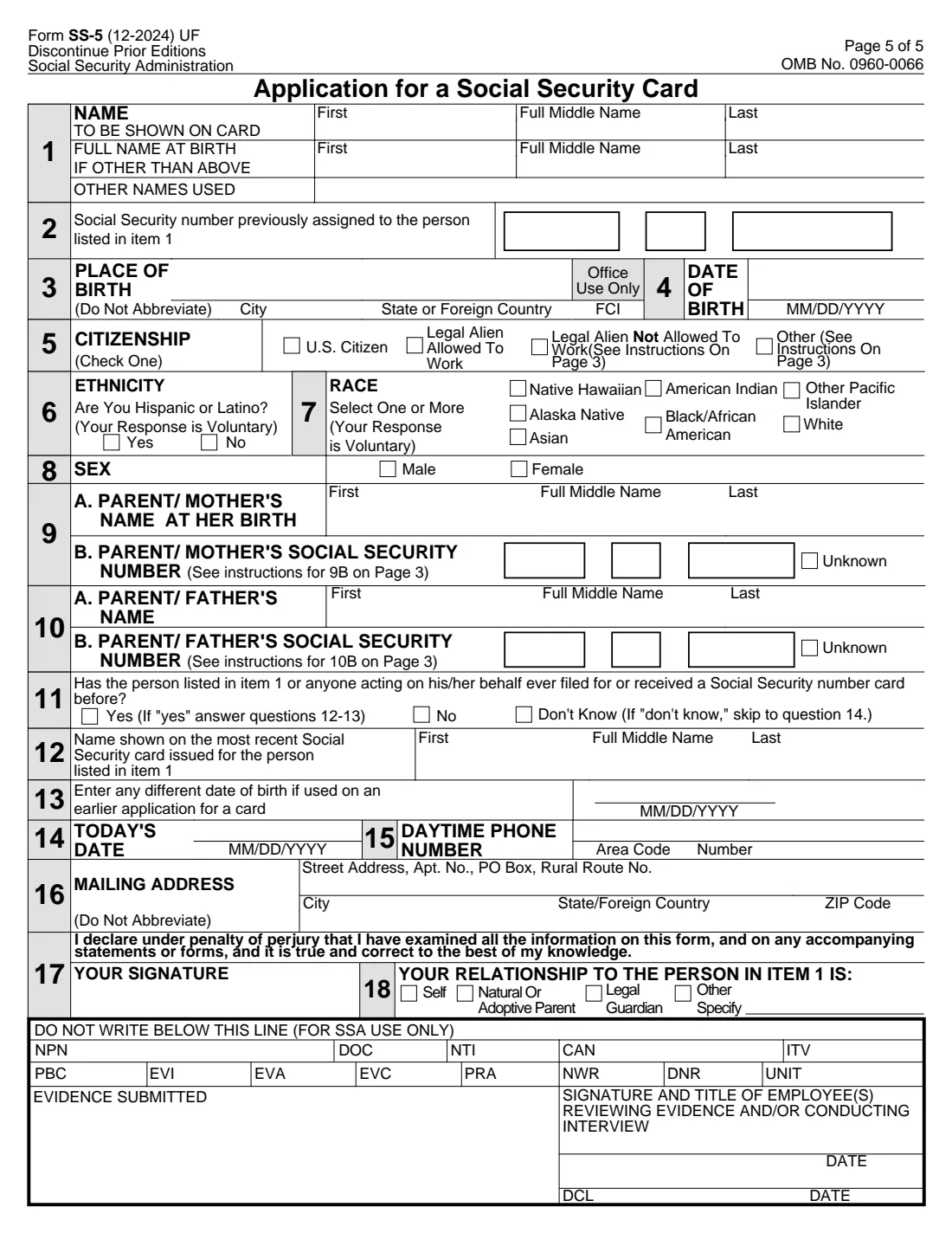 Form SS-5 (2024) Application for a Social Security Card — page 5 of 5