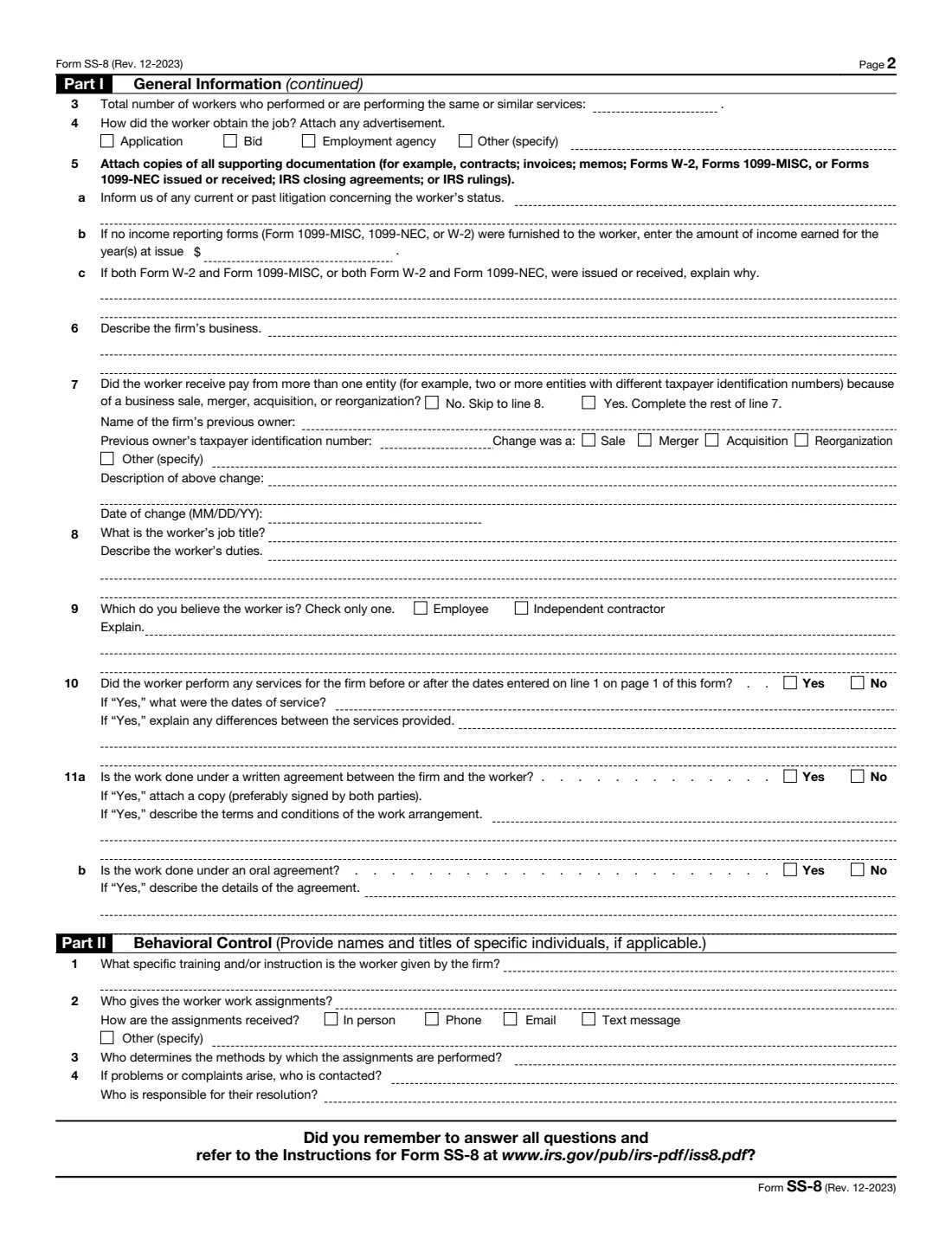 Form SS-8 (2023) Determination of Worker Status for Purposes of Federal Employment Taxes and Income Tax Withholding — page 2 of 5