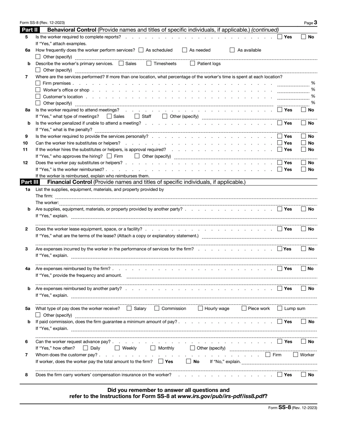 Form SS-8 (2023) Determination of Worker Status for Purposes of Federal Employment Taxes and Income Tax Withholding — page 3 of 5