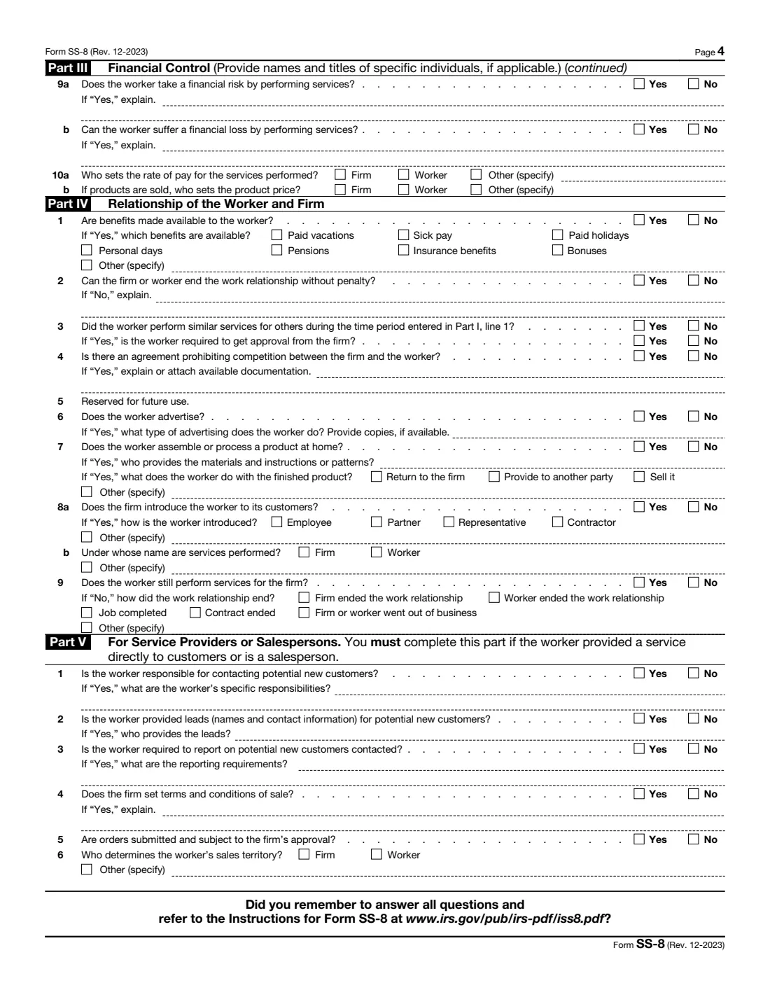 Form SS-8 (2023) Determination of Worker Status for Purposes of Federal Employment Taxes and Income Tax Withholding — page 4 of 5