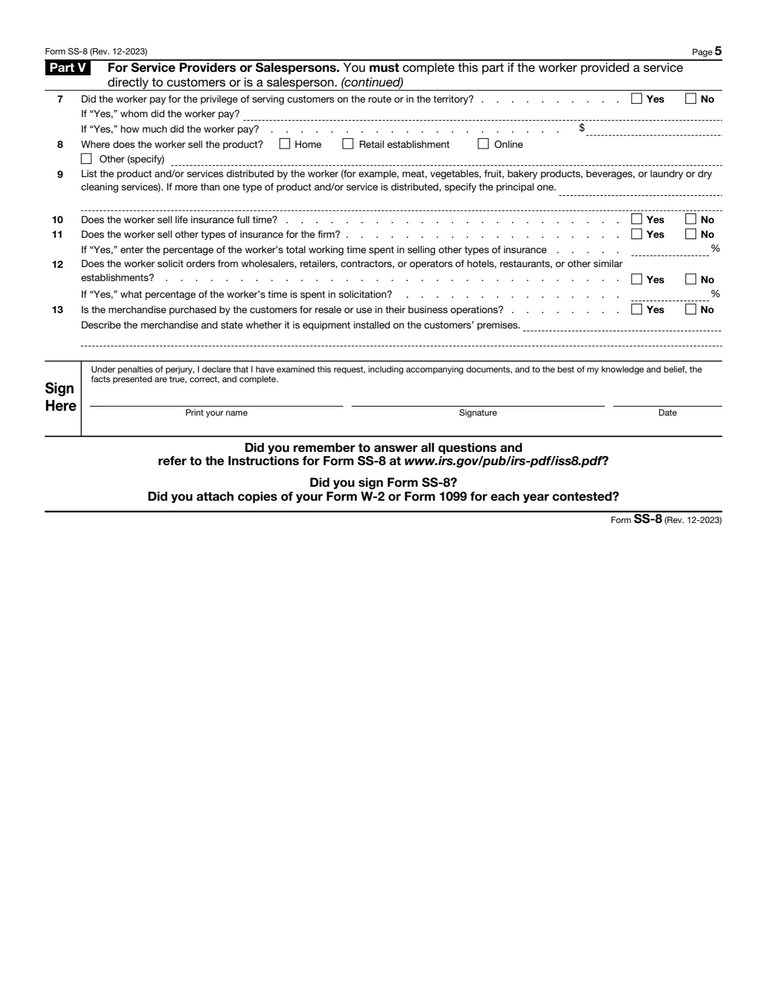 Form SS-8 (2023) Determination of Worker Status for Purposes of Federal Employment Taxes and Income Tax Withholding — page 5 of 5