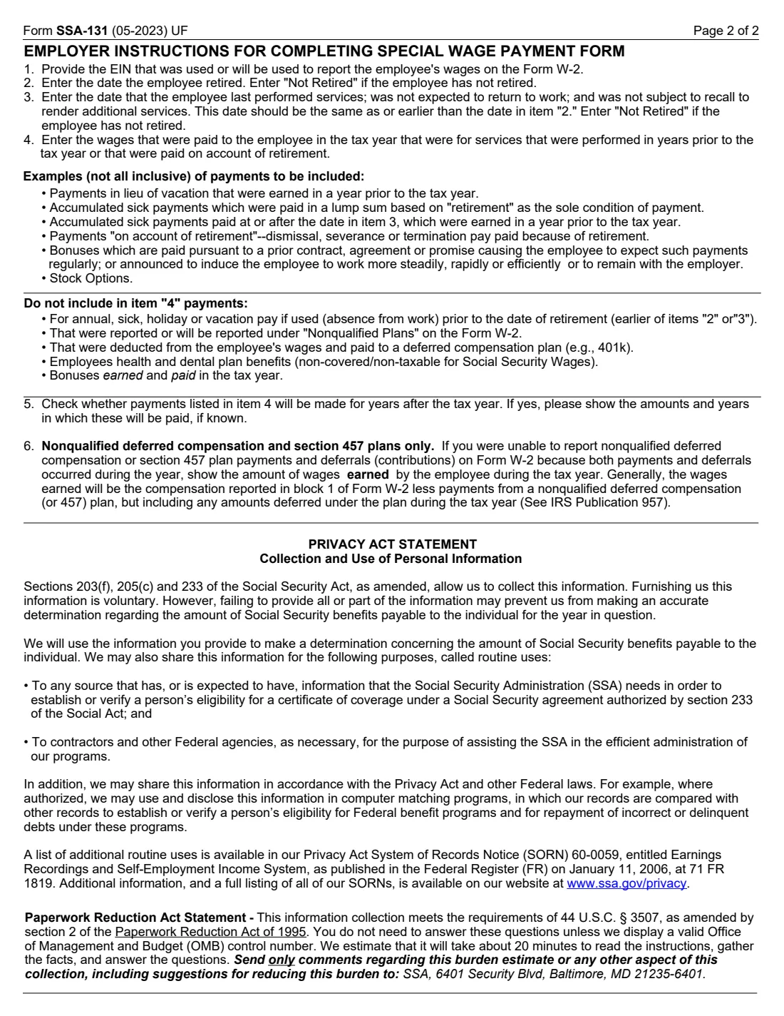 Form SSA-131 (2023) Employer Report of Special Wage Payments — page 2 of 2