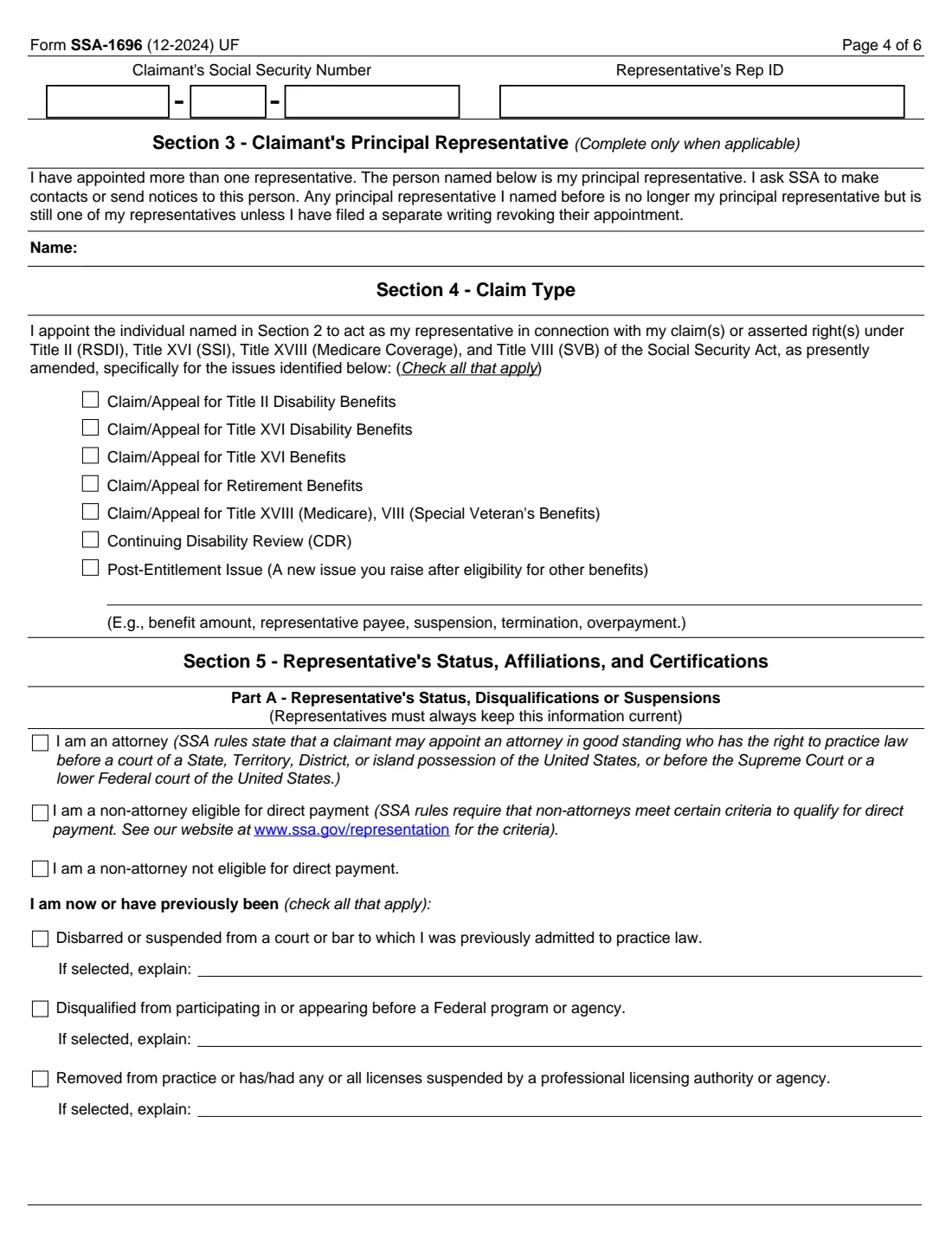 Form SSA-1696 (2024) Claimant's Appointment of a Representative — page 4 of 6