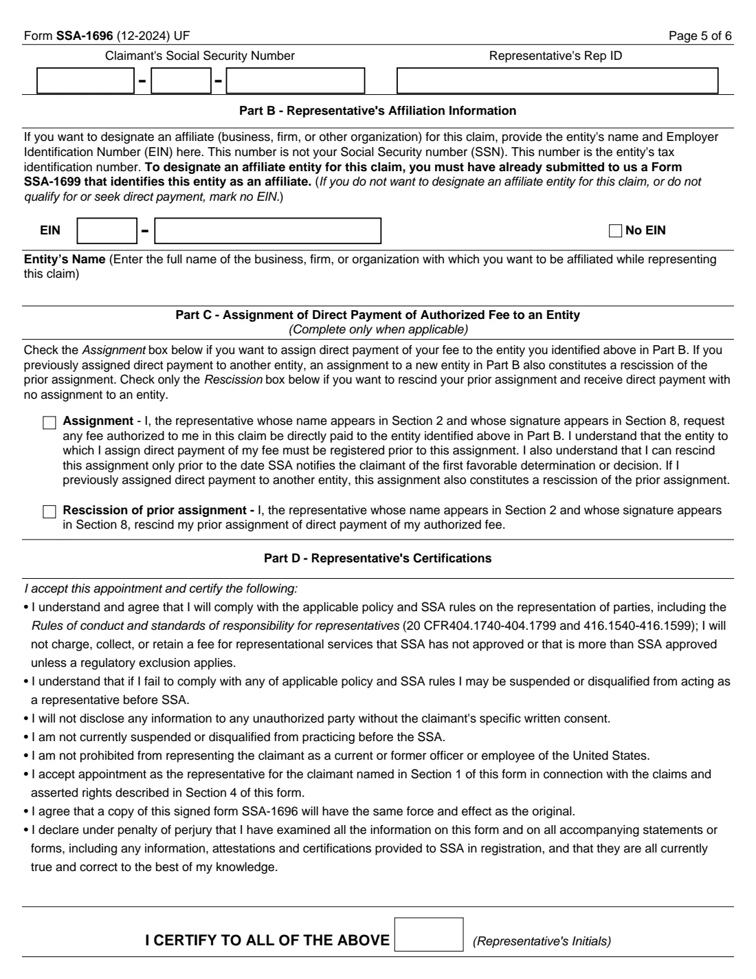 Form SSA-1696 (2024) Claimant's Appointment of a Representative — page 5 of 6