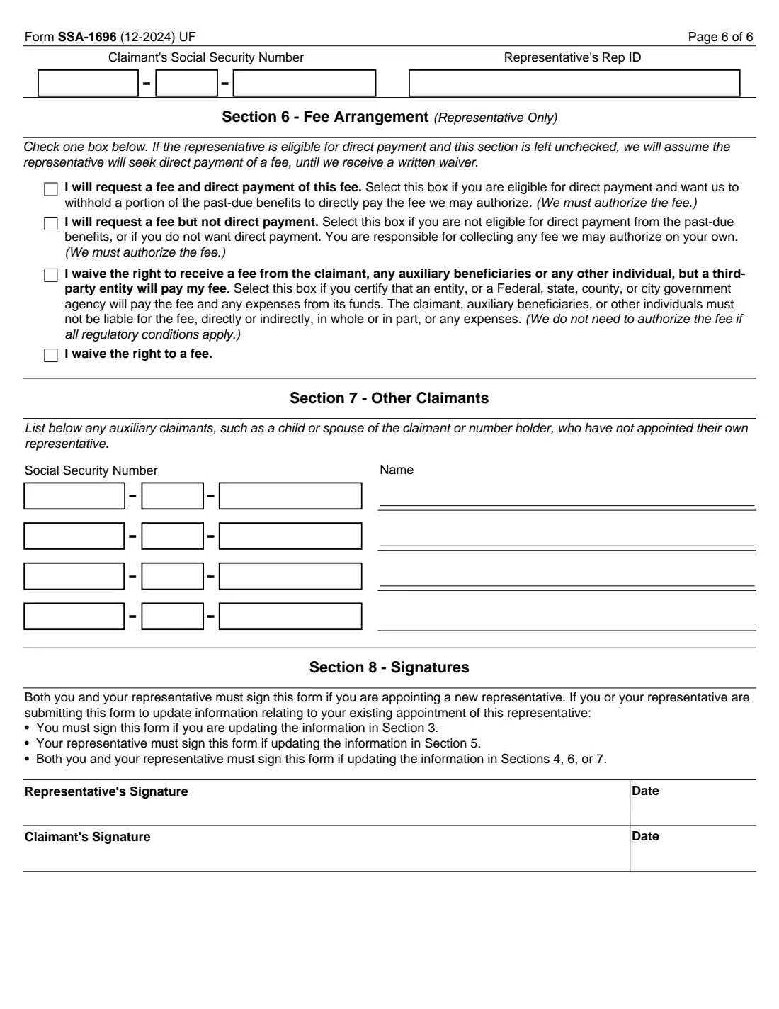 Form SSA-1696 (2024) Claimant's Appointment of a Representative — page 6 of 6