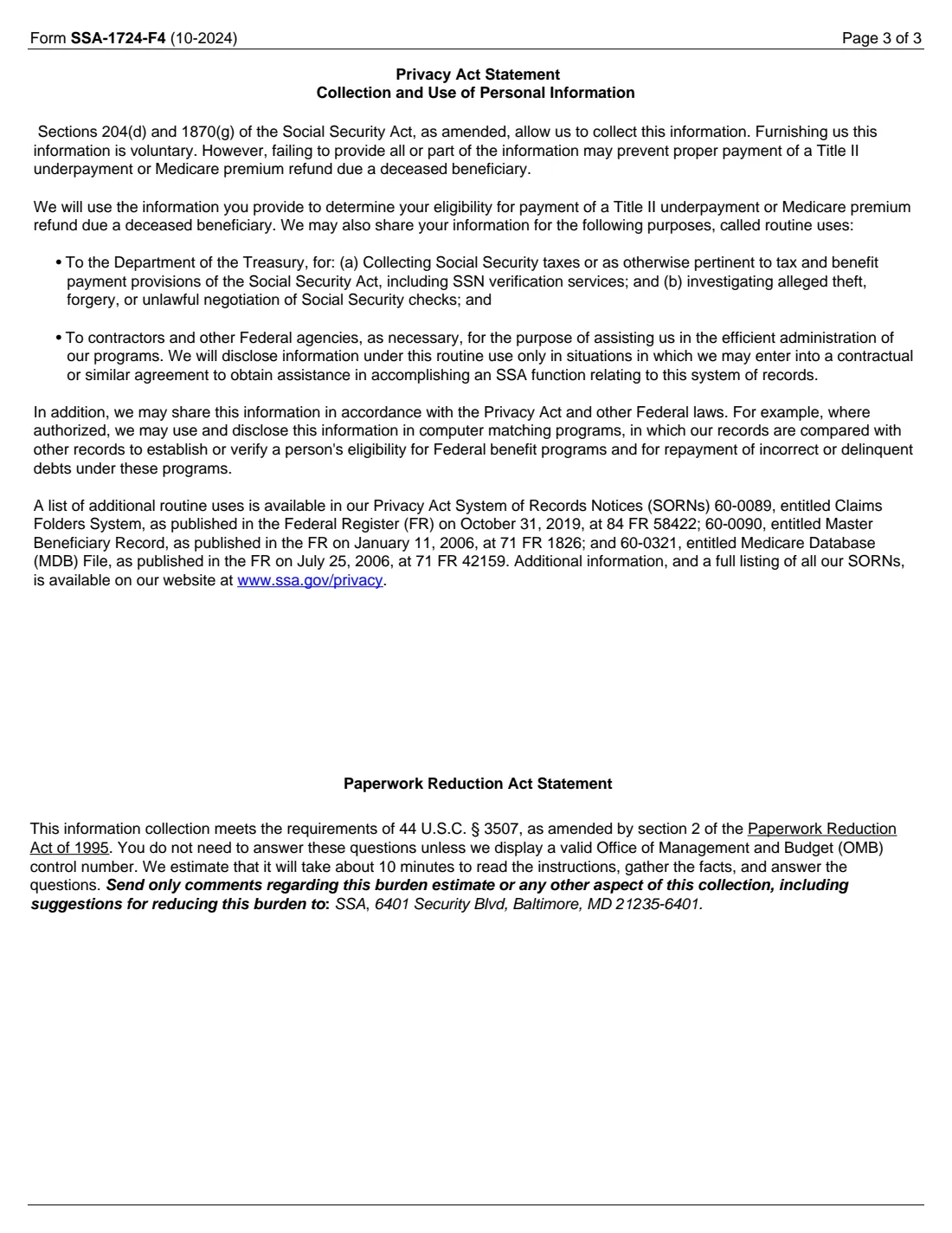 Form SSA-1724 (2024) Claim for Amounts Due in the Case of a Deceased Beneficiary — page 3 of 3