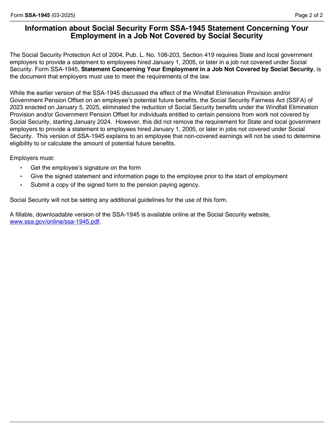 Form SSA-1945 (2025) Statement Concerning Your Employment in a Job Not Covered by Social Security — page 2 of 2