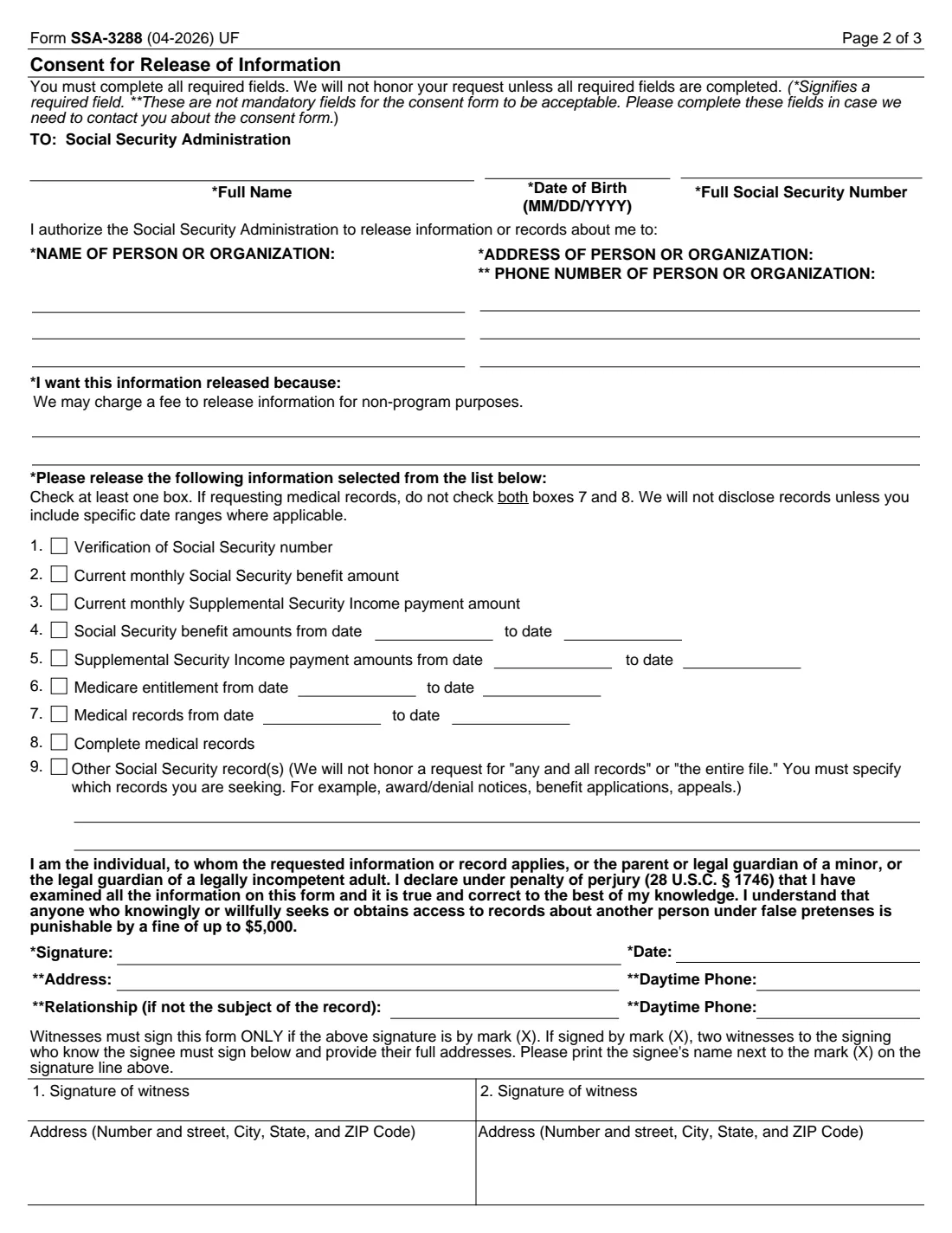 Form SSA-3288 (2026) Consent for Release of Information — page 2 of 3