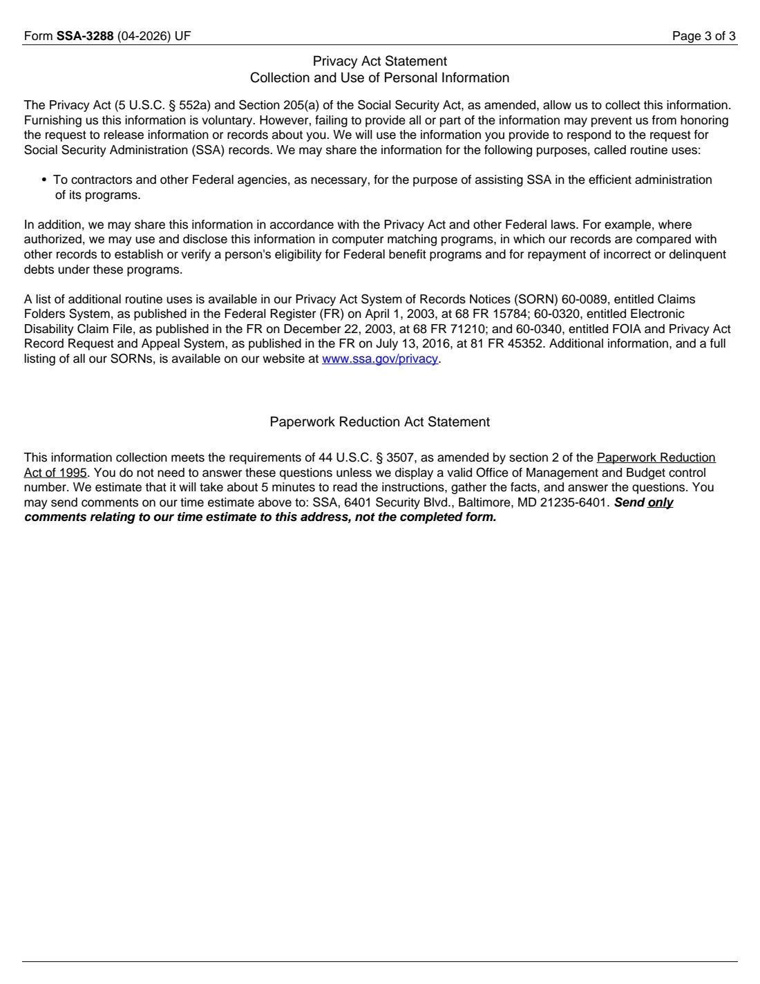 Form SSA-3288 (2026) Consent for Release of Information — page 3 of 3