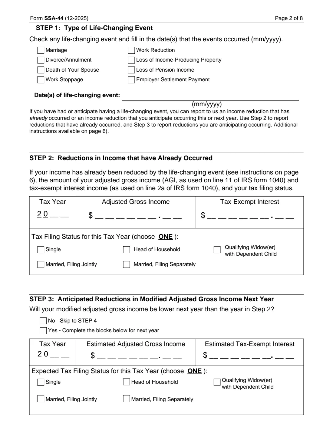 Form SSA-44 (2025) Medicare Income-Related Monthly Adjustment Amount - Life-Changing Event — page 2 of 8