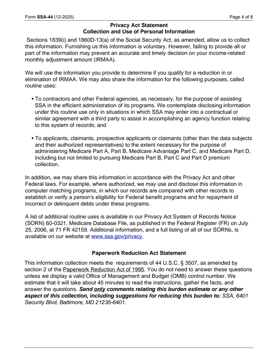Form SSA-44 (2025) Medicare Income-Related Monthly Adjustment Amount - Life-Changing Event — page 4 of 8
