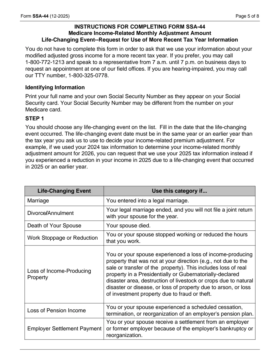 Form SSA-44 (2025) Medicare Income-Related Monthly Adjustment Amount - Life-Changing Event — page 5 of 8