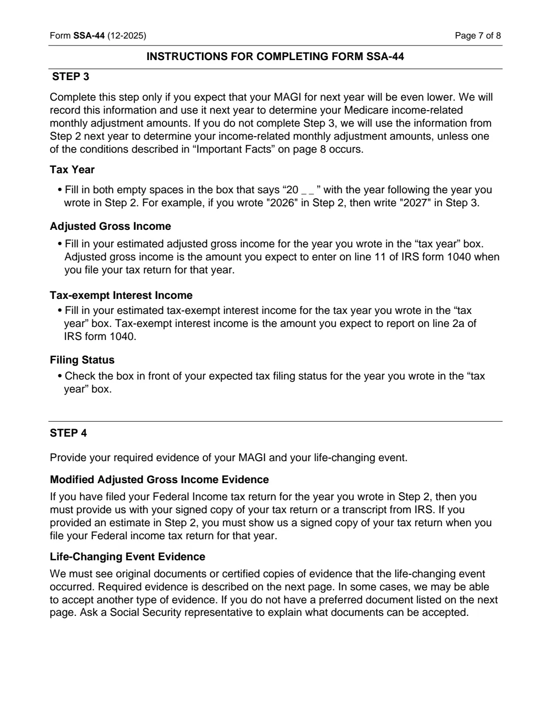 Form SSA-44 (2025) Medicare Income-Related Monthly Adjustment Amount - Life-Changing Event — page 7 of 8