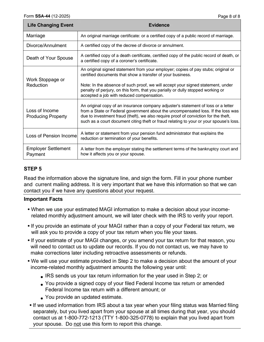 Form SSA-44 (2025) Medicare Income-Related Monthly Adjustment Amount - Life-Changing Event — page 8 of 8