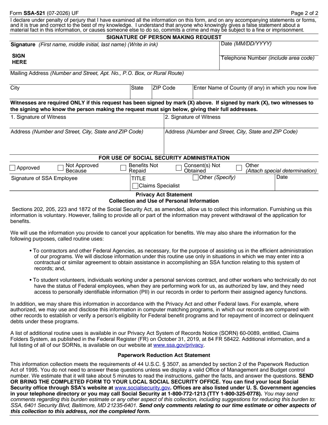 Form SSA-521 (2026) Request for Withdrawal of Application — page 2 of 2