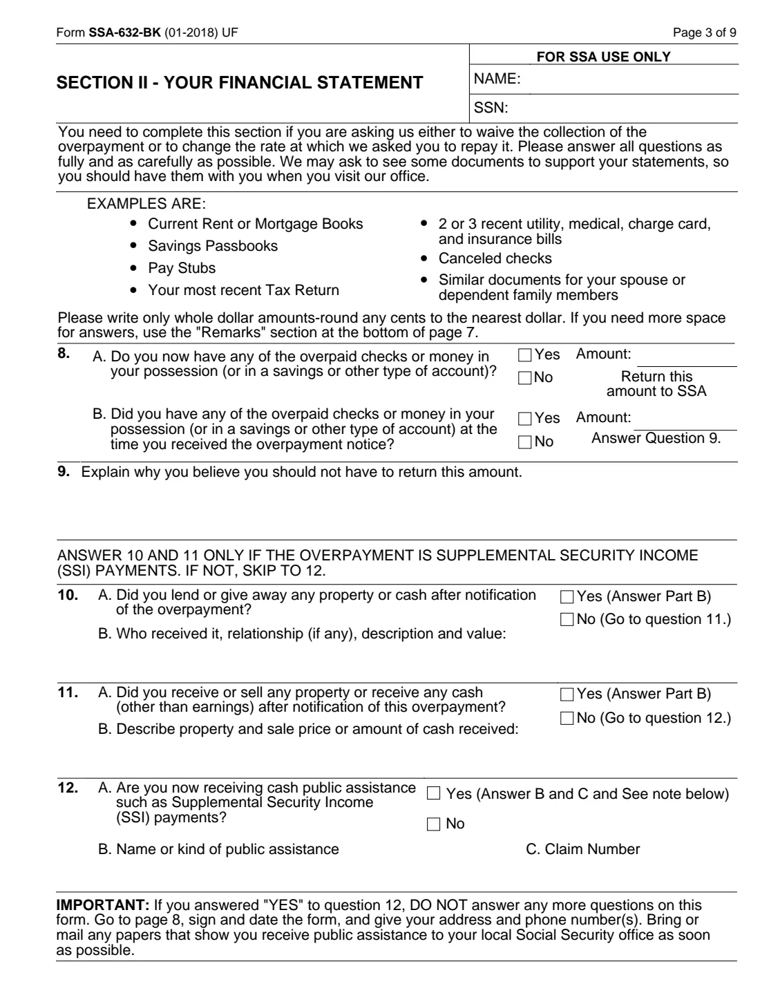Form SSA-632 (2018) Request for Waiver of Overpayment Recovery or Change in Repayment Rate — page 3 of 9