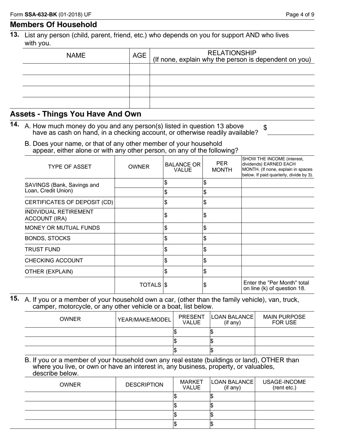 Form SSA-632 (2018) Request for Waiver of Overpayment Recovery or Change in Repayment Rate — page 4 of 9