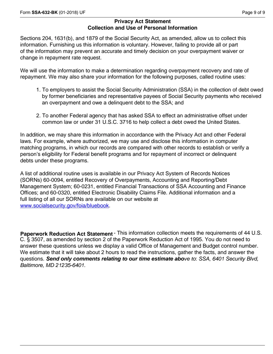 Form SSA-632 (2018) Request for Waiver of Overpayment Recovery or Change in Repayment Rate — page 9 of 9