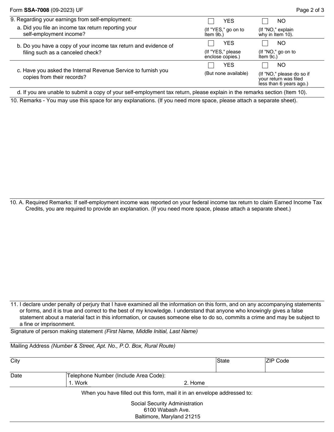 Form SSA-7008 (2023) Request for Correction of Earnings Record — page 2 of 3