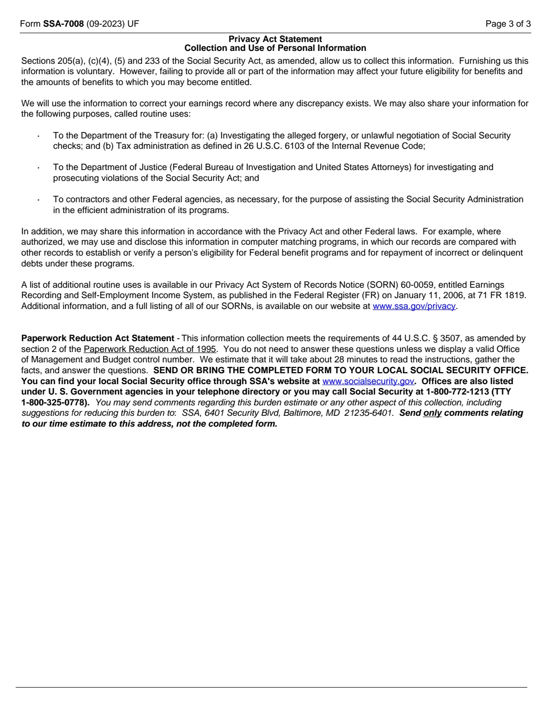 Form SSA-7008 (2023) Request for Correction of Earnings Record — page 3 of 3
