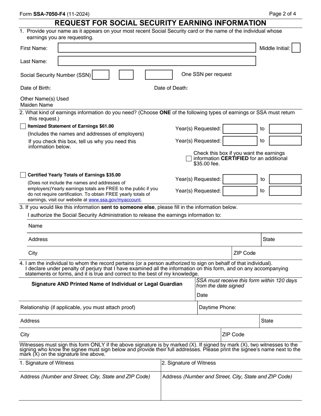 Form SSA-7050 (2024) Request for Social Security Earnings Information — page 2 of 4