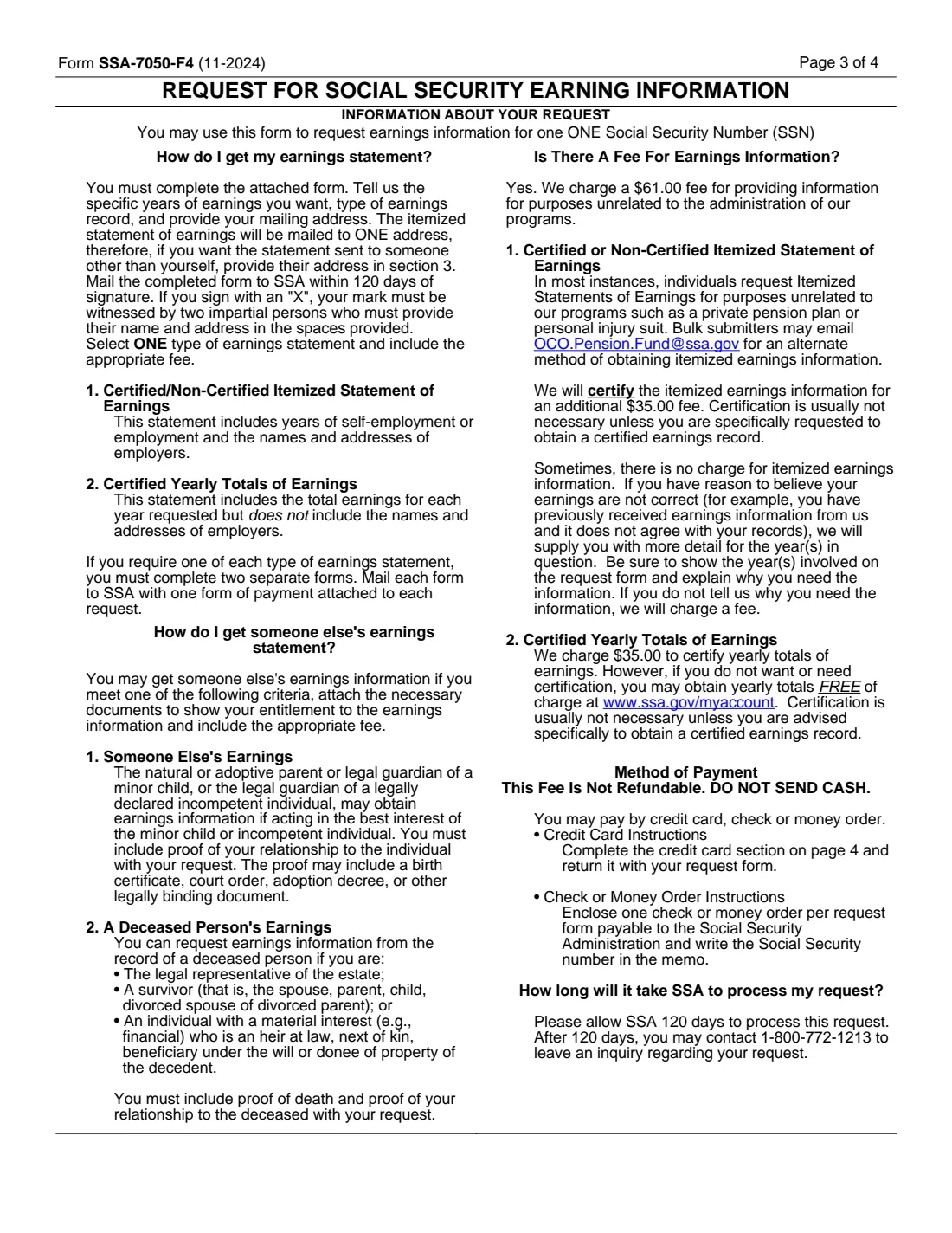 Form SSA-7050 (2024) Request for Social Security Earnings Information — page 3 of 4