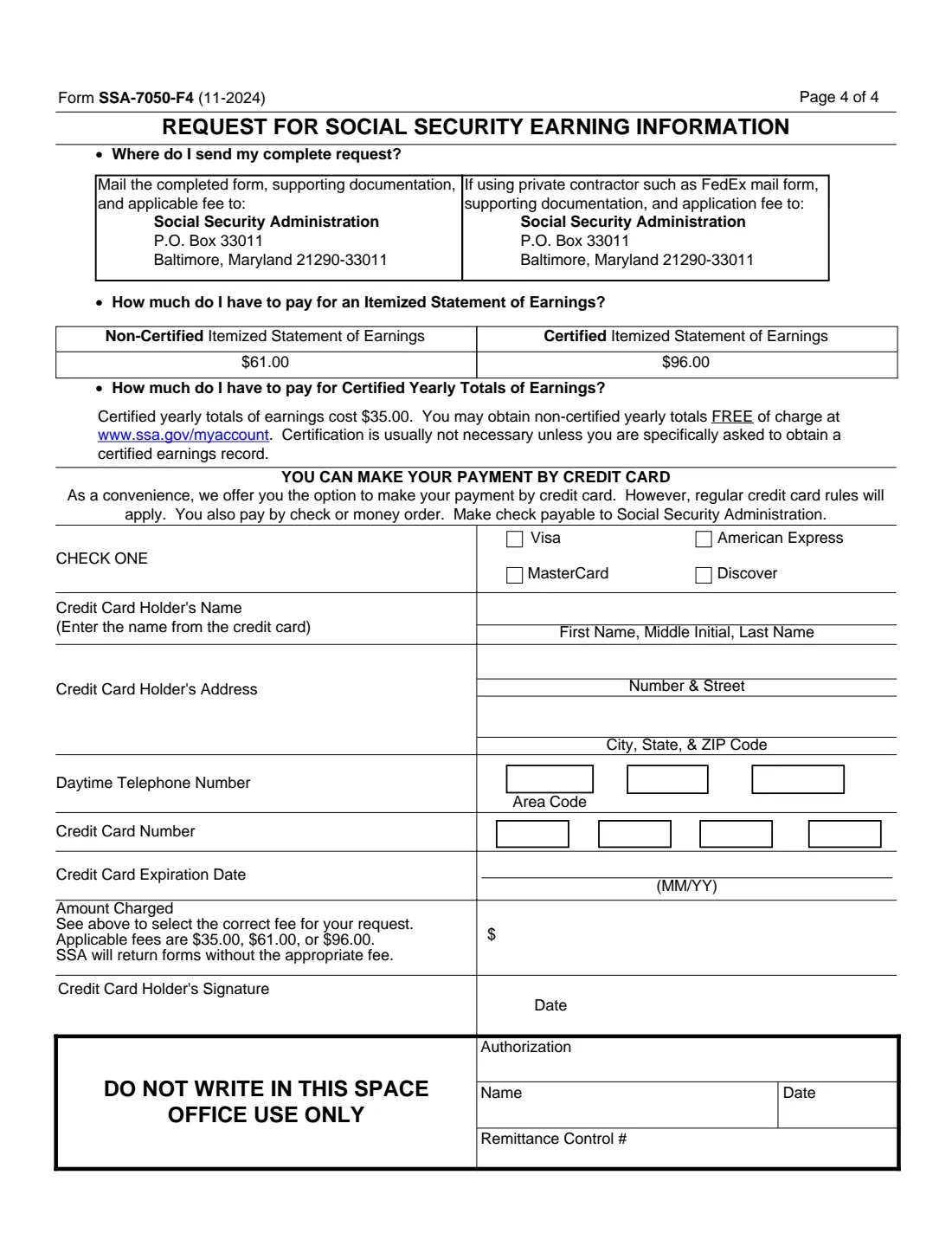 Form SSA-7050 (2024) Request for Social Security Earnings Information — page 4 of 4