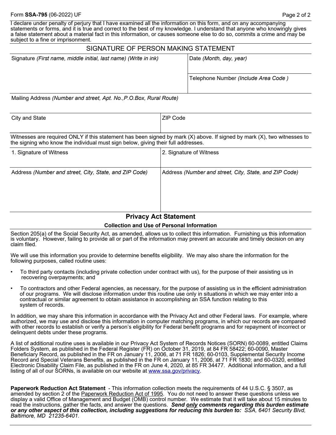 Form SSA-795 (2022) Statement of Claimant or Other Person — page 2 of 2