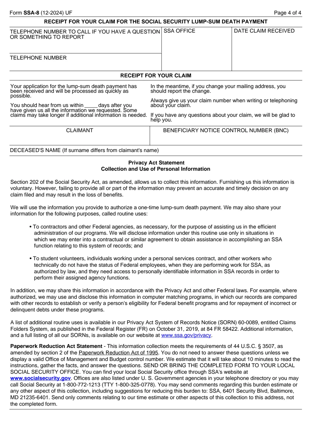 Form SSA-8 (2024) Application for Lump-Sum Death Payment — page 4 of 4