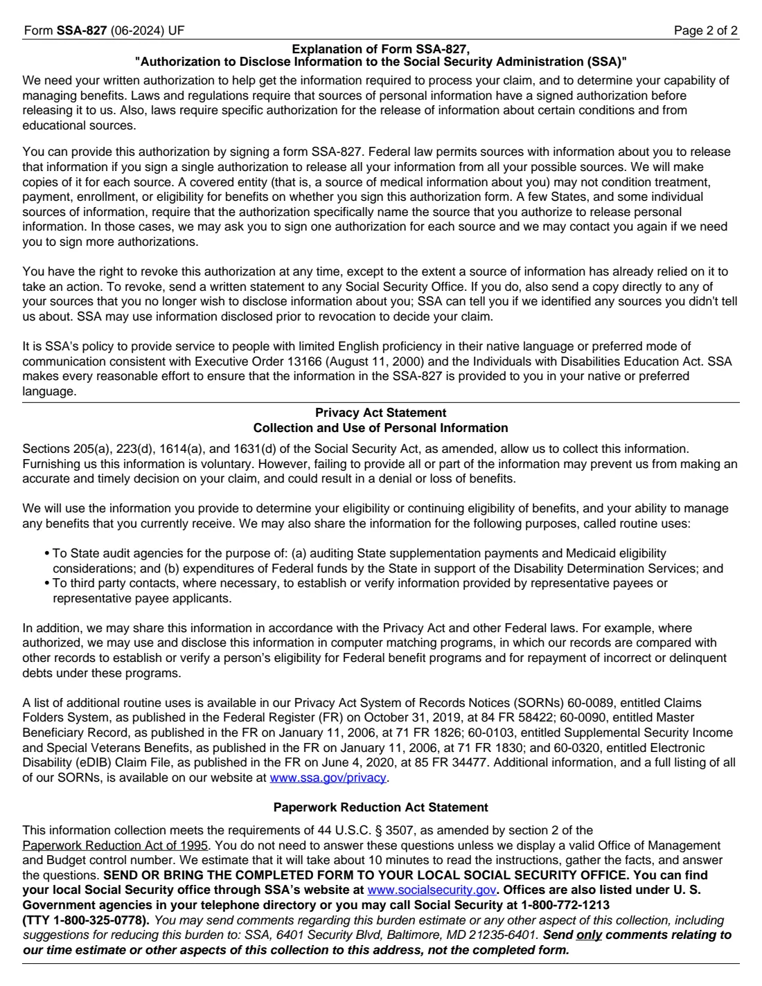 Form SSA-827 (2024) Authorization to Disclose Information to the Social Security Administration (SSA) — page 2 of 2