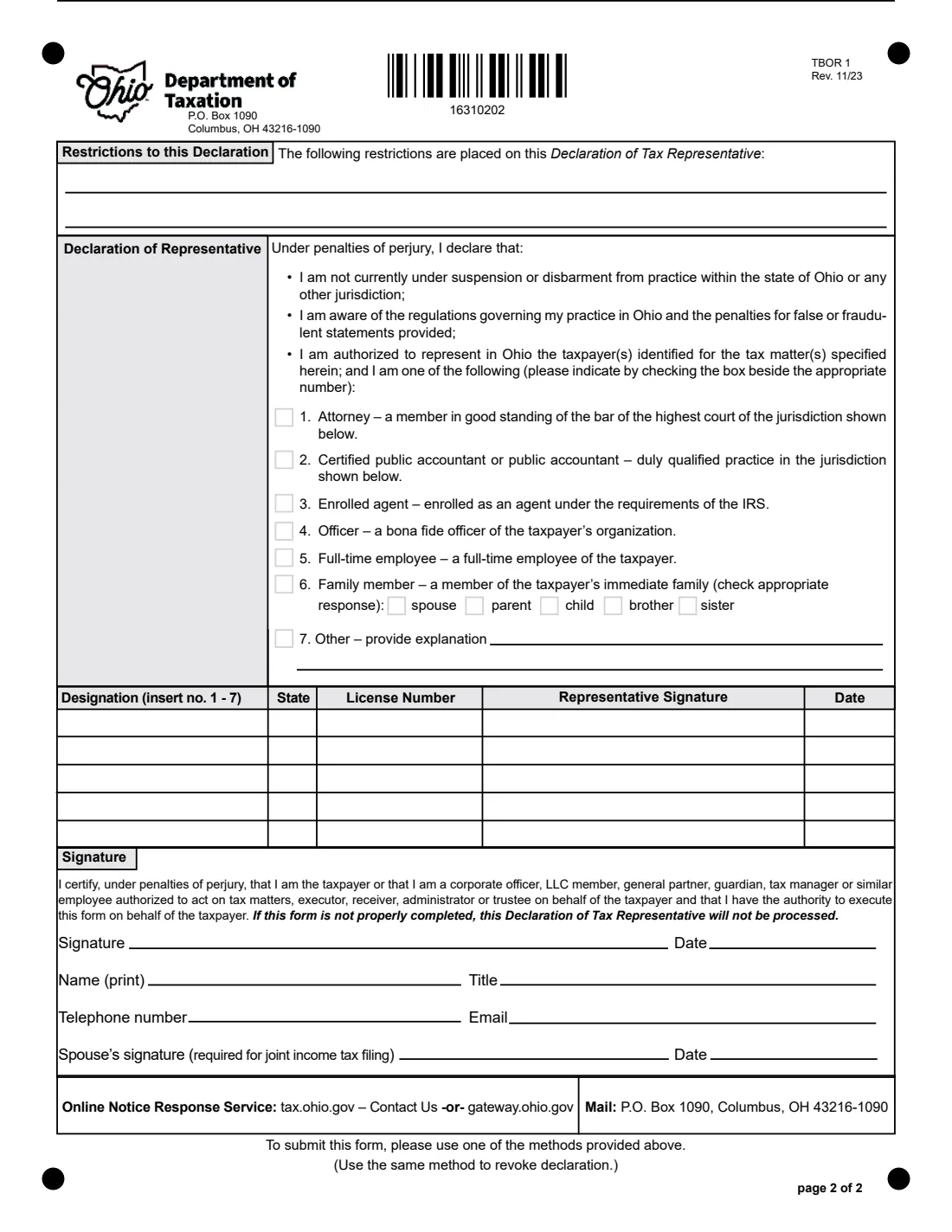 Form TBOR 1 (2023) Declaration of Tax Representative (Ohio) — page 2 of 2