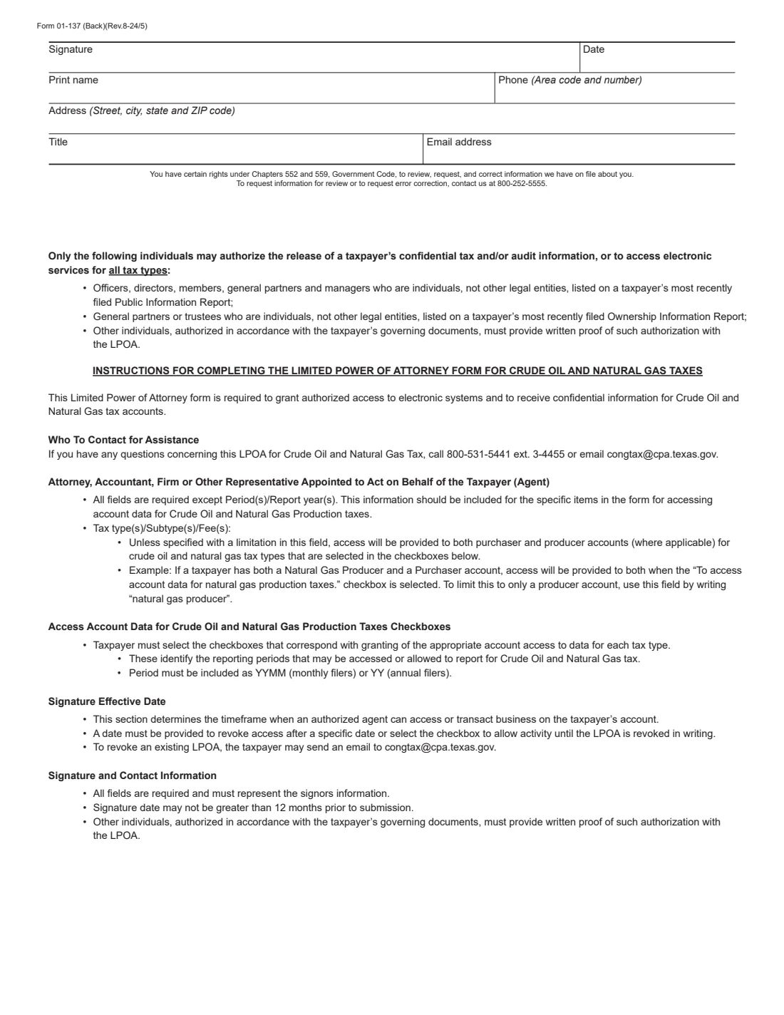 Form 01-137 (2024) Limited Power of Attorney (Texas Comptroller) — page 2 of 2