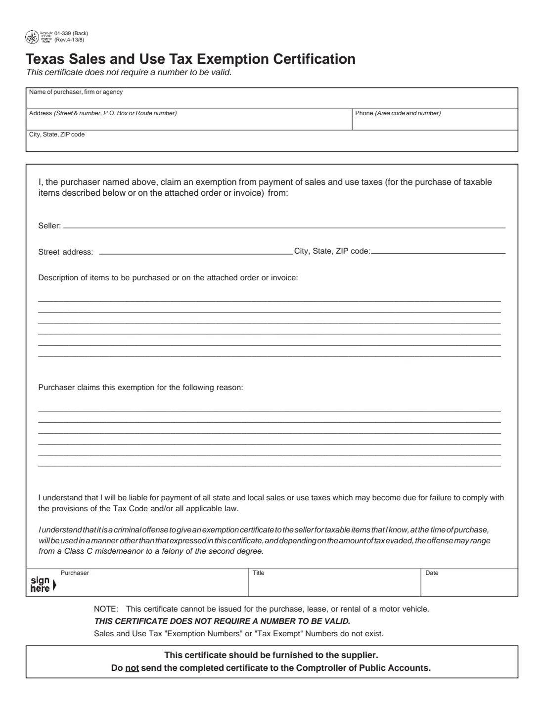 Texas Form 01-339 (2013) Texas Sales and Use Tax Resale Certificate / Exemption Certification — page 2 of 2
