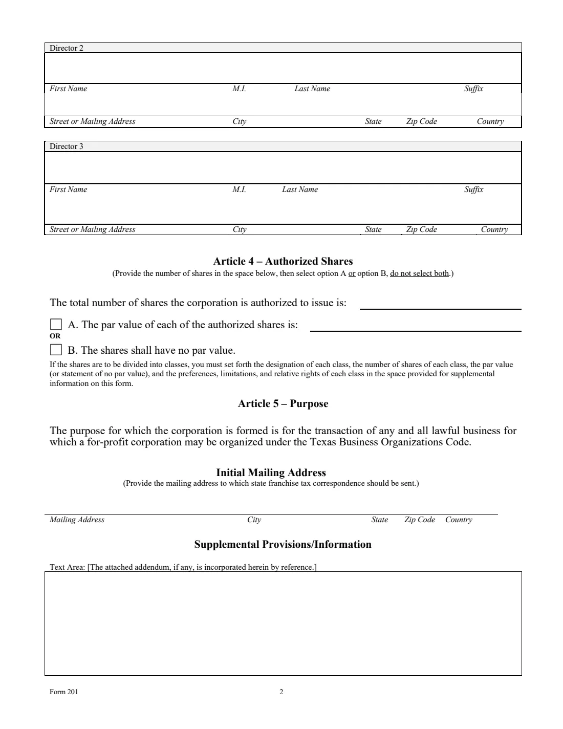 Form 201 (2026) Certificate of Formation - For-Profit Corporation (Form 201) — page 2 of 3