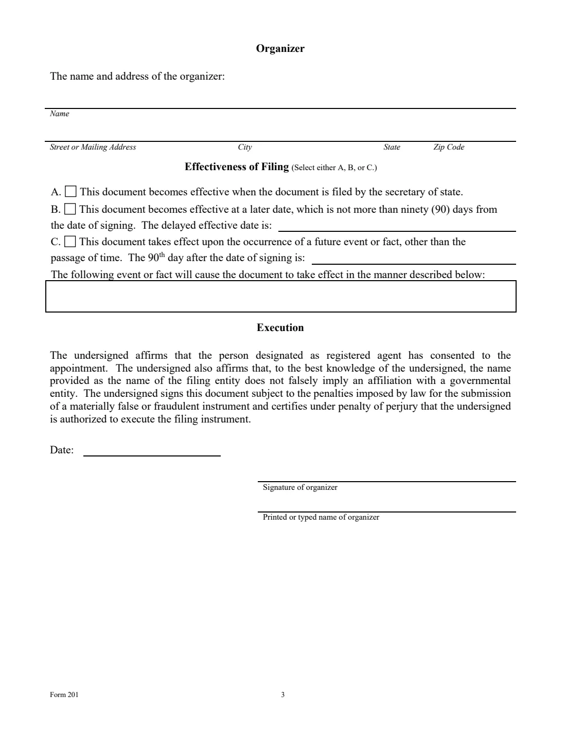 Form 201 (2026) Certificate of Formation - For-Profit Corporation (Form 201) — page 3 of 3