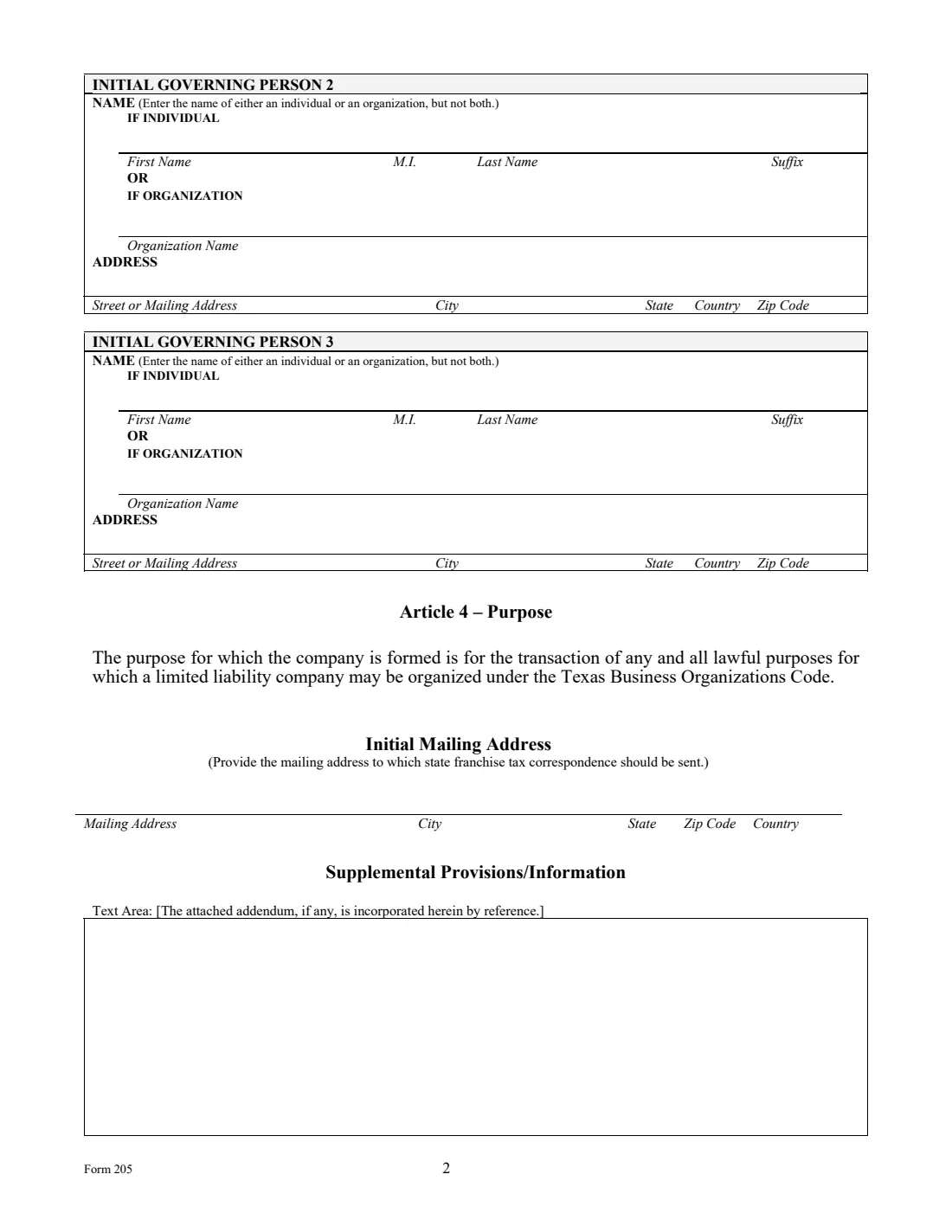 Form 205 (2026) Certificate of Formation - Limited Liability Company (Form 205) — page 2 of 3