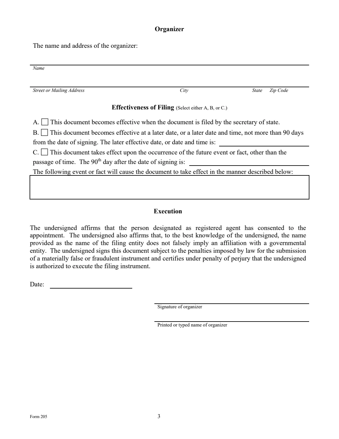 Form 205 (2026) Certificate of Formation - Limited Liability Company (Form 205) — page 3 of 3