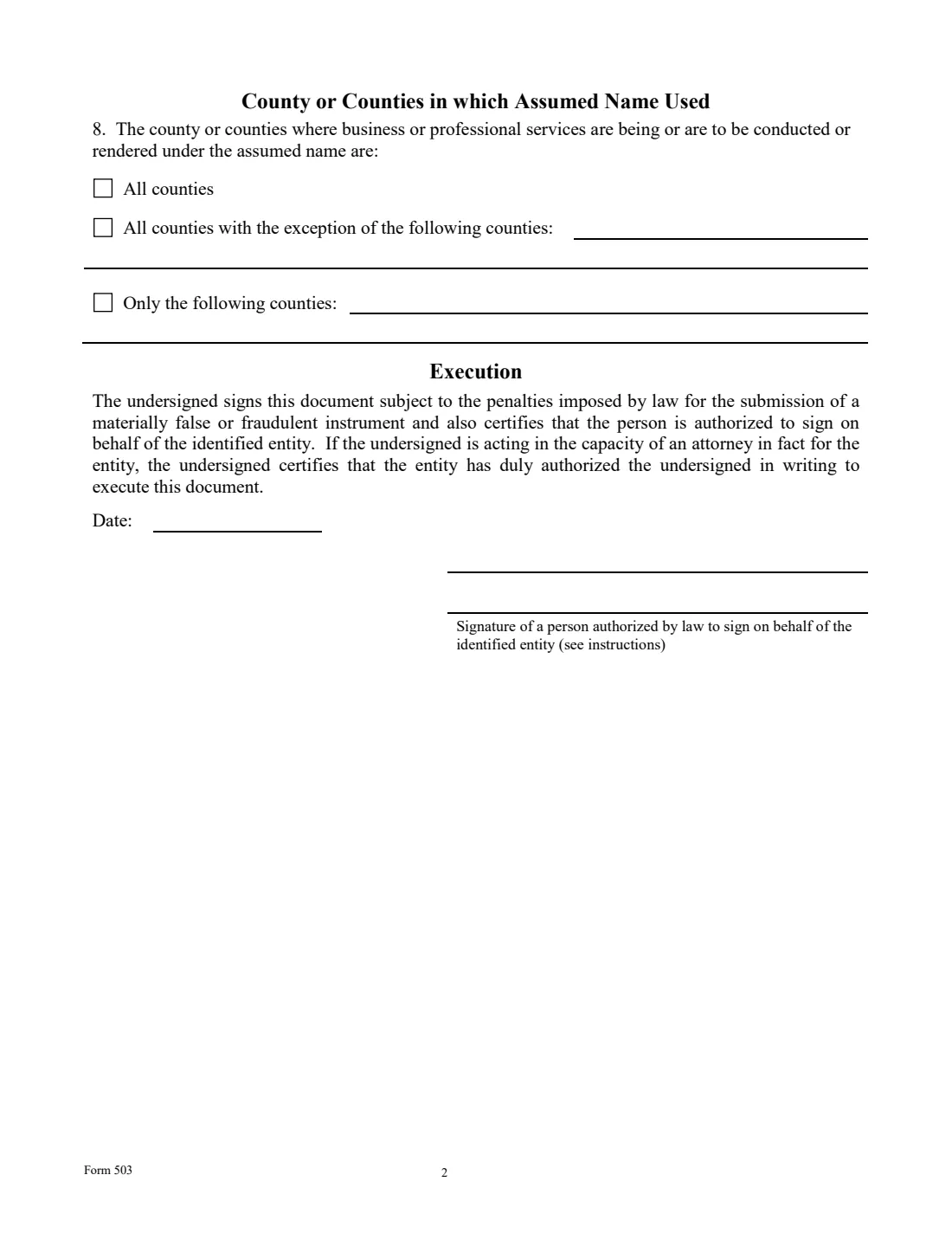 Form 503 (2026) Assumed Name Certificate (Form 503) — page 2 of 2