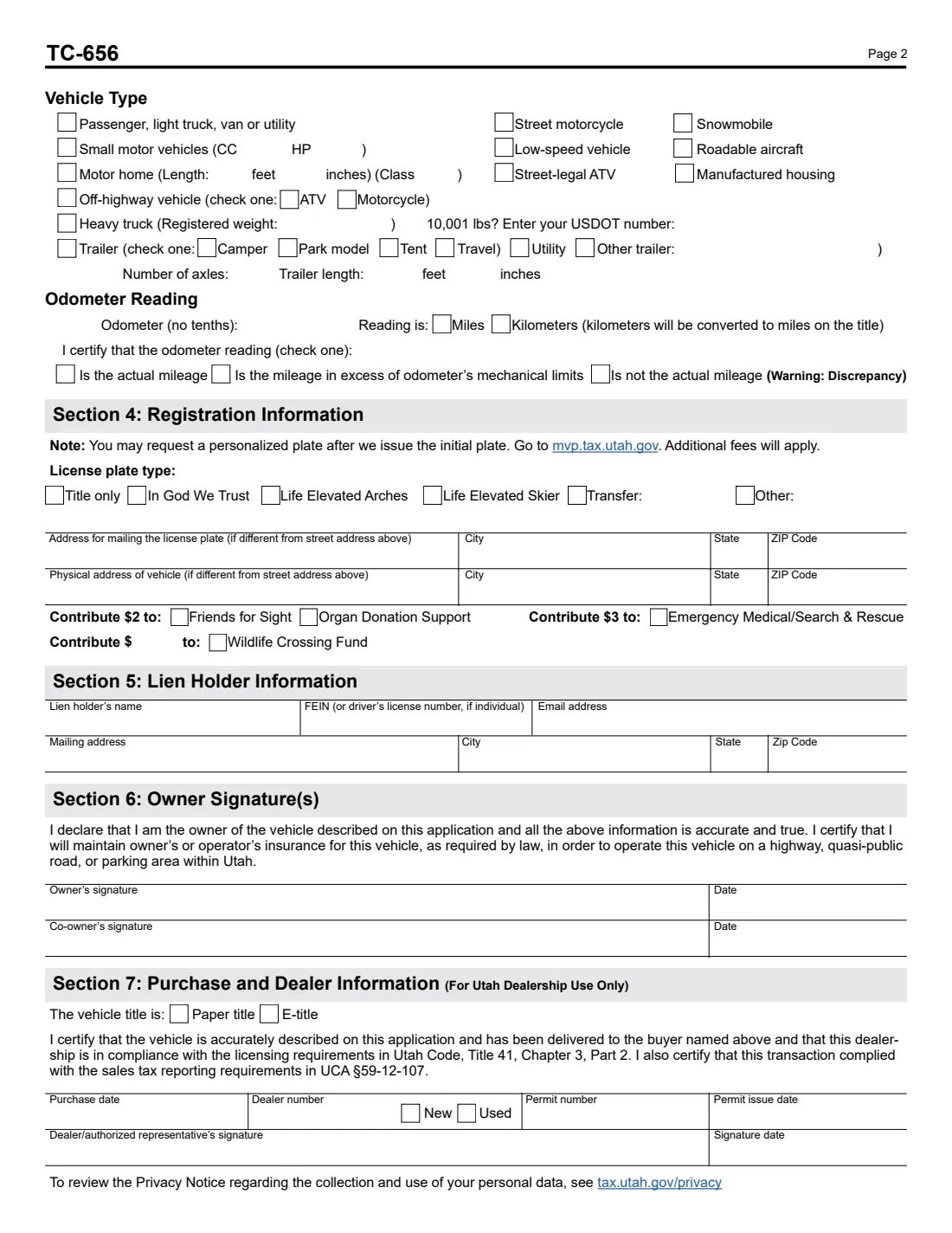 Form TC-656 (2026) Vehicle Application for Utah Title and Registration — page 2 of 2