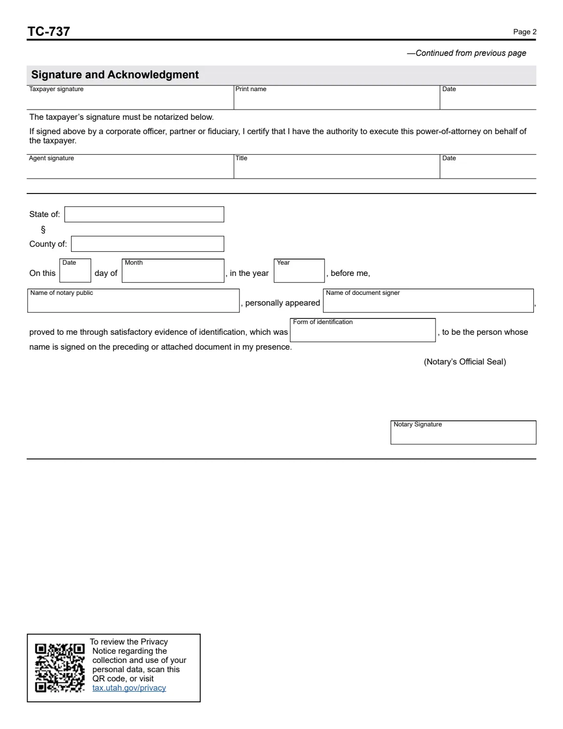 Form TC-737 (2026) Power of Attorney and Declaration of Agent (Utah) — page 2 of 2