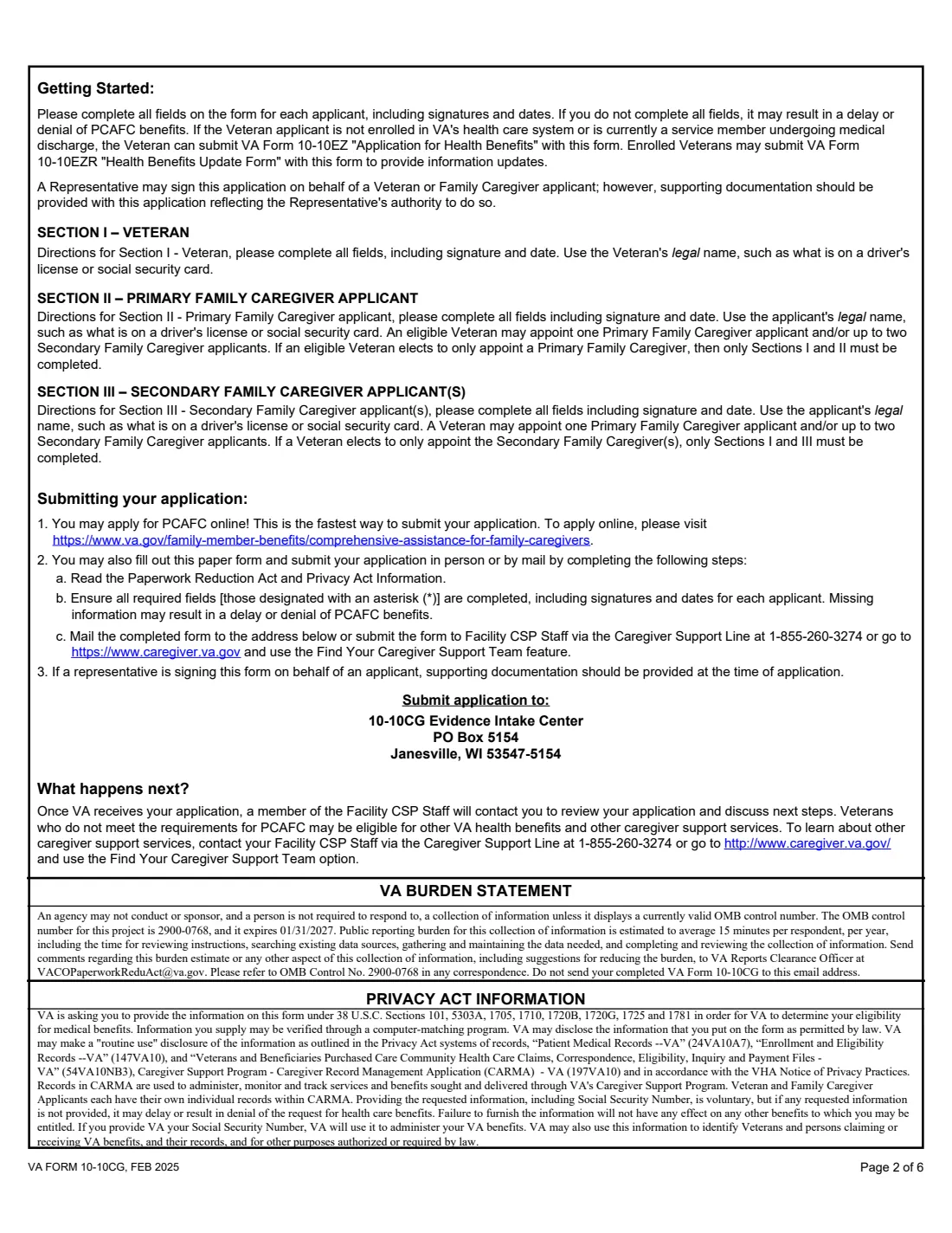 VA Form 10-10CG (2025) Application for the Program of Comprehensive Assistance for Family Caregivers — page 2 of 6