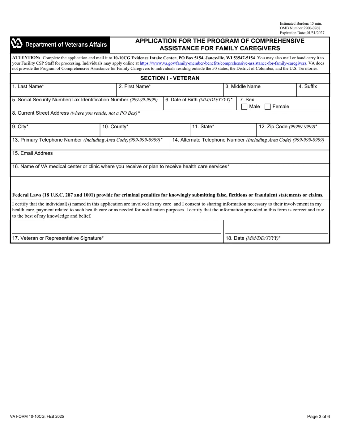 VA Form 10-10CG (2025) Application for the Program of Comprehensive Assistance for Family Caregivers — page 3 of 6