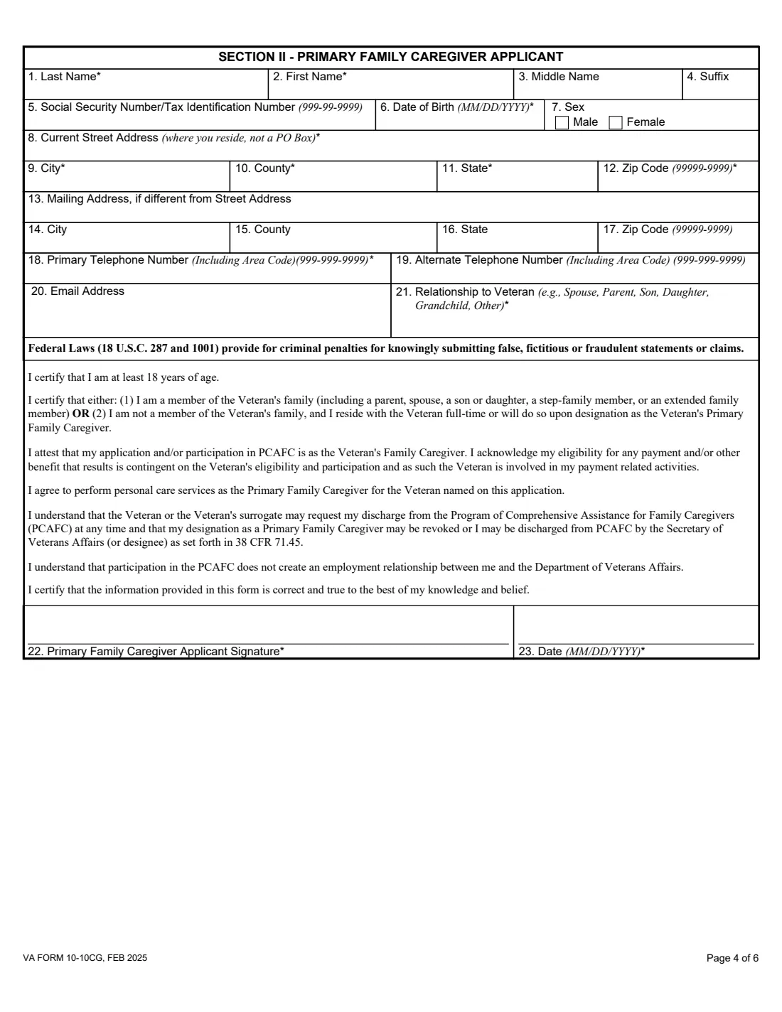 VA Form 10-10CG (2025) Application for the Program of Comprehensive Assistance for Family Caregivers — page 4 of 6