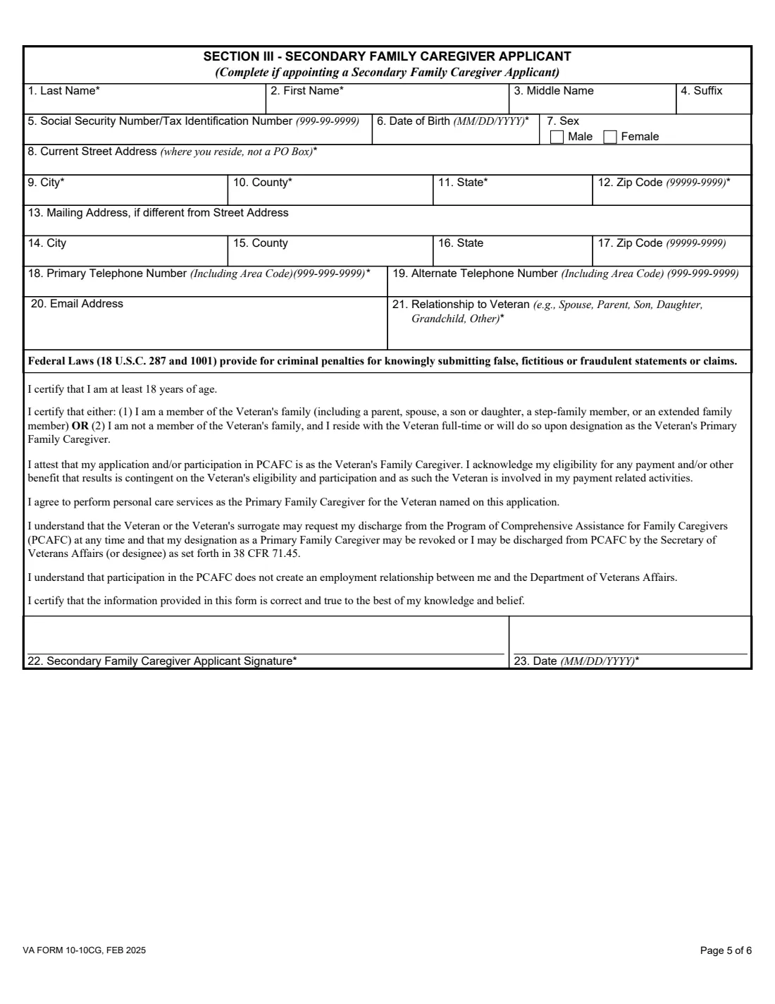 VA Form 10-10CG (2025) Application for the Program of Comprehensive Assistance for Family Caregivers — page 5 of 6