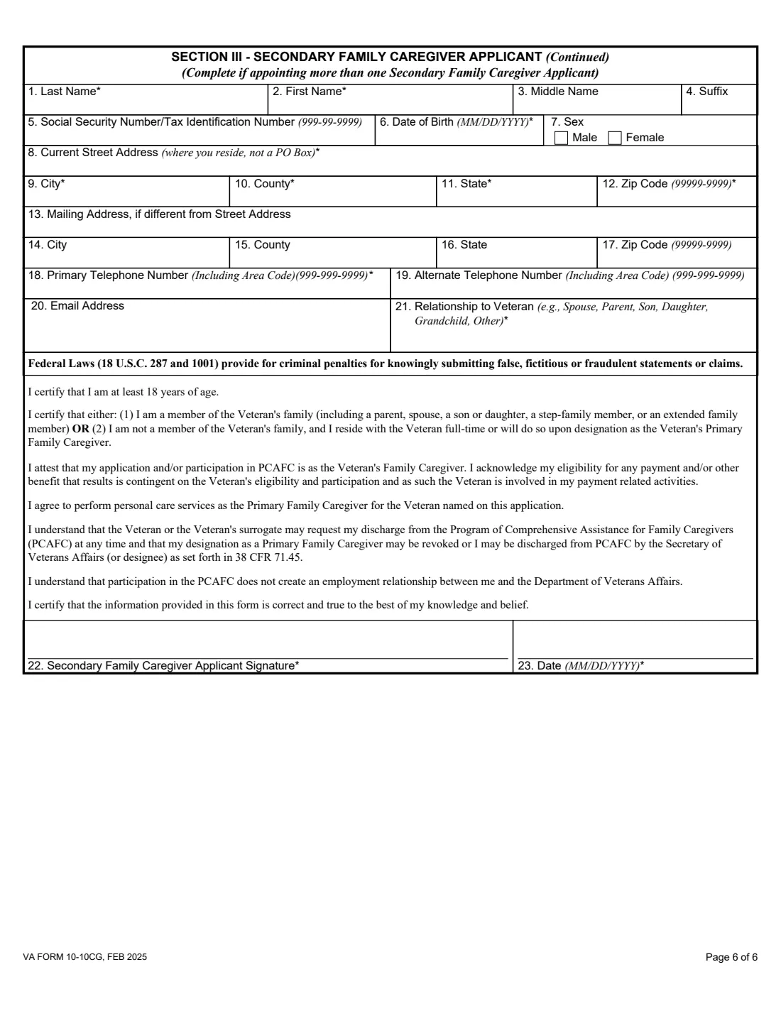 VA Form 10-10CG (2025) Application for the Program of Comprehensive Assistance for Family Caregivers — page 6 of 6