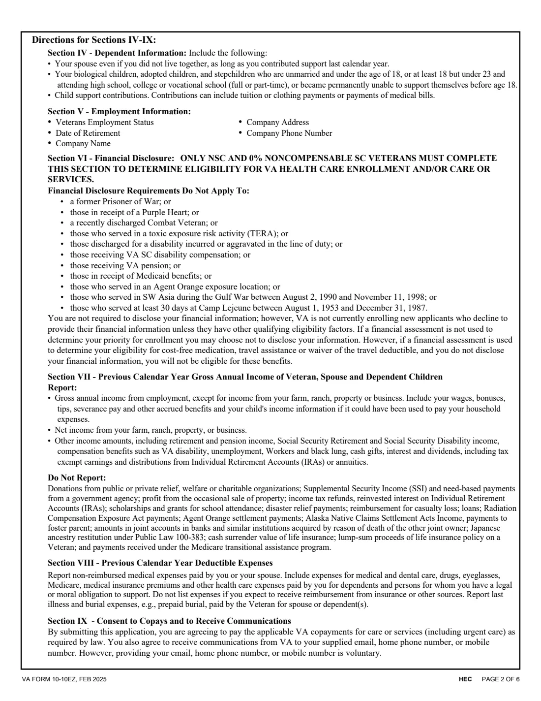 VA Form 10-10EZ (2025) Instructions and Enrollment Application for Health Benefits — page 2 of 6