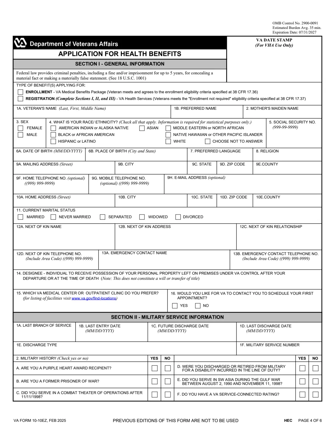VA Form 10-10EZ (2025) Instructions and Enrollment Application for Health Benefits — page 4 of 6